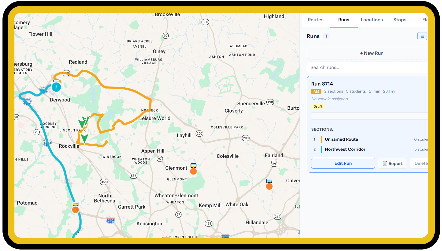 Master Route Builder with run sections and timeline